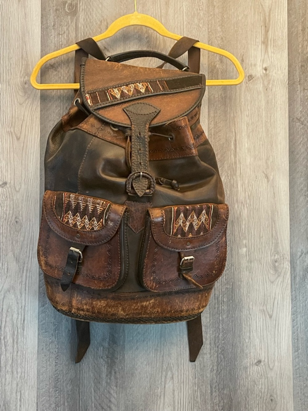 Vintage Leather Backpack Boho Southwestern Tribal Woven Rustic Rucksack